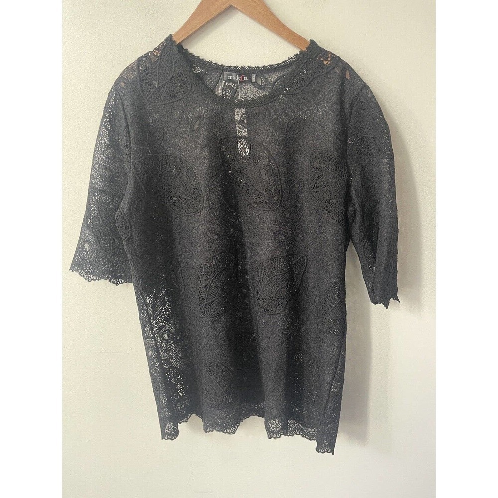 Modelia Women’s XXL Black Short Sleeve Cotton Poly Lace Embroidered Tunic Top